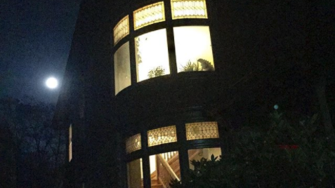 La foto muestra la silueta de la casa en una noche de luna llena; las luces están encendidas y se ve la escalera de madera. En el ventanal curvo se ve la figura de Godzilla entre las plantas.